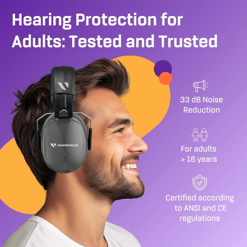 Vanderfields Premium Hearing Protection Ear Muffs - Broad Spectrum Sound Reduction 36.1dB at 2K Hz Noise Cancelling - Headset Safety Noise Cancellation - Headphones Adults and Teens - Gray Wolf - Image 2
